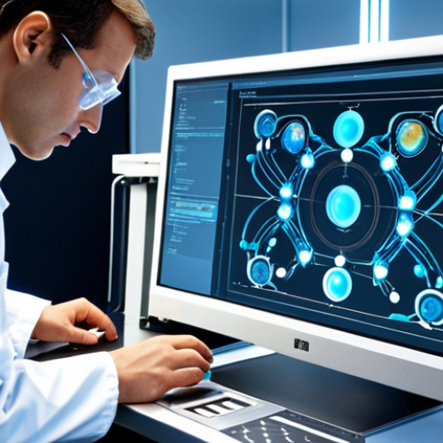 A laboratory scene depicting scientists using quantum computers to simulate and analyze the properties of new materials. The image should showcase the blend of quantum computing technology with traditional lab equipment, highlighting the virtual development of materials before physical creation. Focus on visual elements that convey innovation, efficiency, and the acceleration of the material research process.