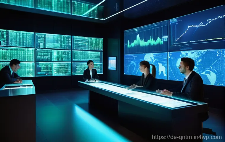 양자 알고리즘의 실제 사용 사례 분석 - Quantum Financial Insights**
A vibrant and sleek financial trading room pulsating with futuristic en...