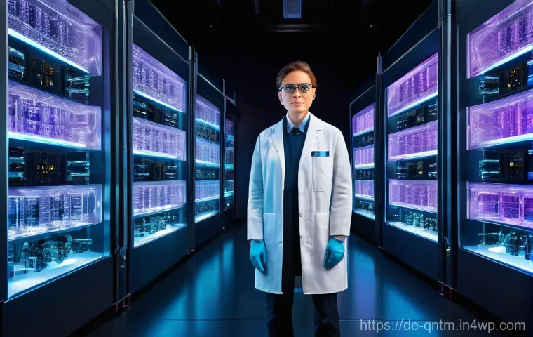 양자 알고리즘의 확장 가능성 - A hyper-realistic, high-resolution image of a futuristic quantum computing system housed within an e...