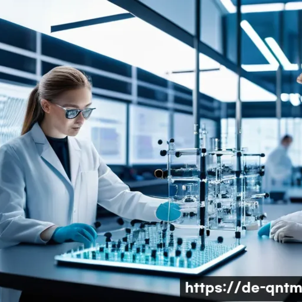 양자 컴퓨팅의 응용에 대한 연구 동향 - A futuristic laboratory scene showcasing a team of German scientists in modern research attire worki...
