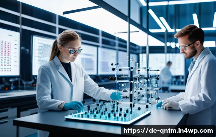 양자 컴퓨팅의 응용에 대한 연구 동향 - A futuristic laboratory scene showcasing a team of German scientists in modern research attire worki...