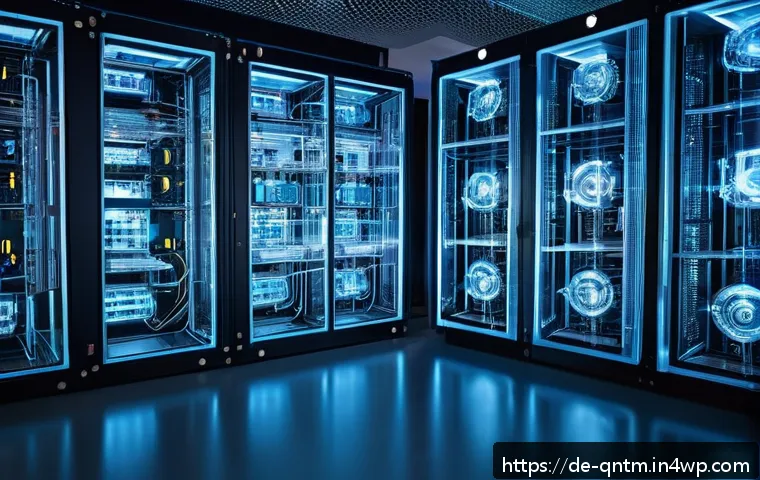 양자 컴퓨터의 작동 원리 이해하기 - A futuristic quantum computing laboratory in Germany, featuring scientists in modern lab coats worki...