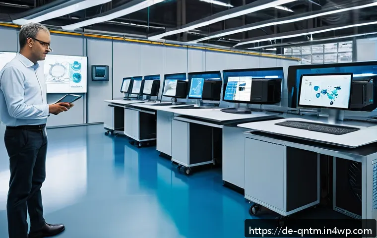 양자 알고리즘의 상용화 사례 연구 - A high-tech industrial factory scene showcasing quantum computing in production optimization: modern...