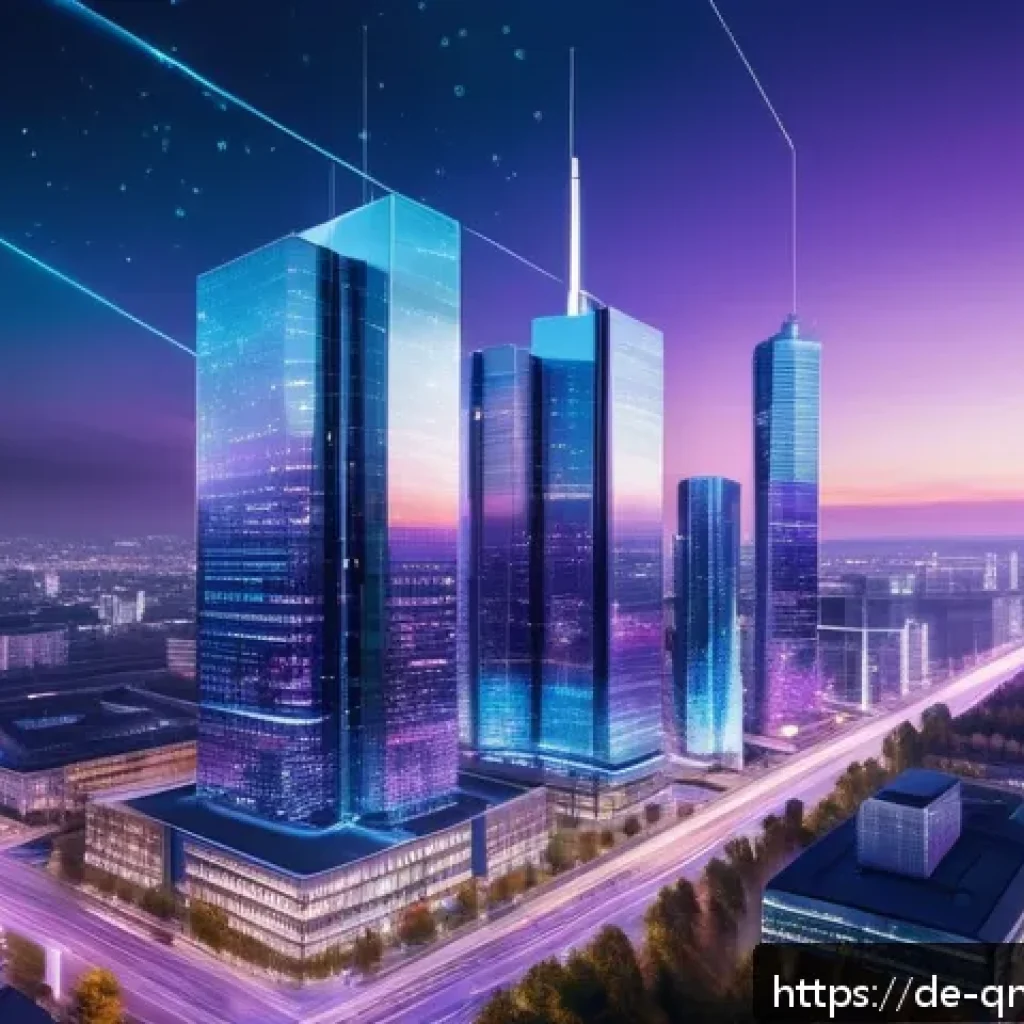 양자 네트워킹의 응용 가능성 - A futuristic German cityscape at dusk, featuring sleek, illuminated skyscrapers interconnected by vi...