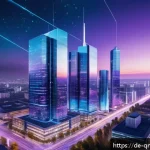 Home 18 양자 네트워킹의 응용 가능성 - A futuristic German cityscape at dusk, featuring sleek, illuminated skyscrapers interconnected by vi...