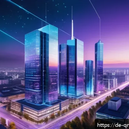 Home 30 양자 네트워킹의 응용 가능성 - A futuristic German cityscape at dusk, featuring sleek, illuminated skyscrapers interconnected by vi...