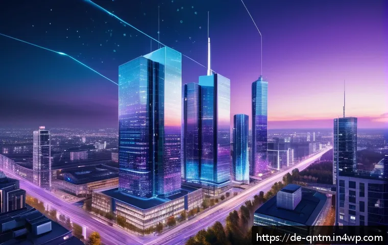 양자 네트워킹의 응용 가능성 - A futuristic German cityscape at dusk, featuring sleek, illuminated skyscrapers interconnected by vi...